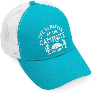 Camco Life is Better at The Campsite Trucker Hat | Features a Mesh Backing, a Unique Teal Life is Better at The Campsite Design, and an Adjustable Strap with Snap (53353)