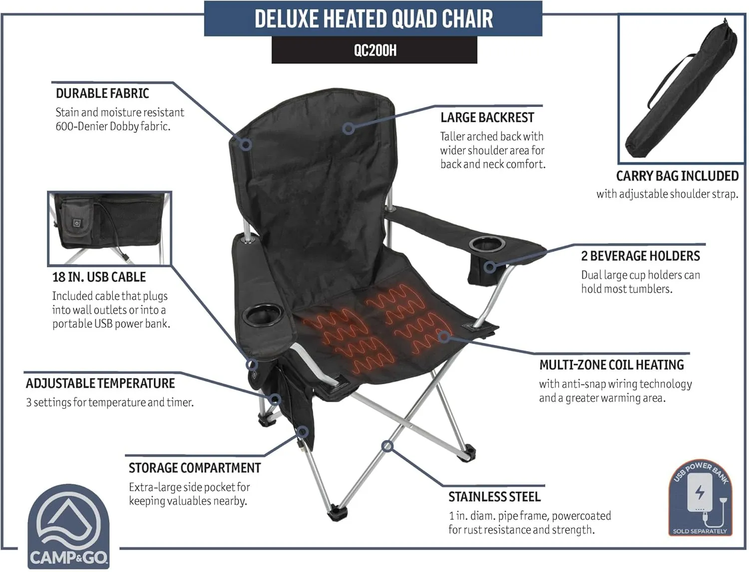 CAMP & GO Heated Deluxe Quad Camping Chair, Folding Heated Chair with 18" USB Cable, Storage Compartment, and Cup Holders, Black