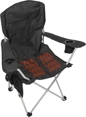 CAMP & GO Heated Deluxe Quad Camping Chair, Folding Heated Chair with 18" USB Cable, Storage Compartment, and Cup Holders, Black