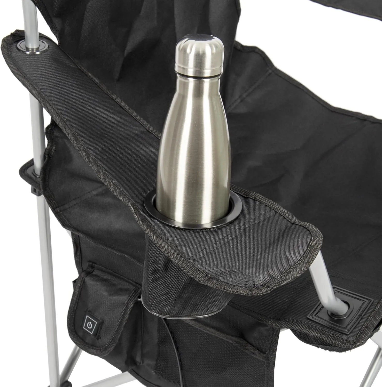 CAMP & GO Heated Deluxe Quad Camping Chair, Folding Heated Chair with 18" USB Cable, Storage Compartment, and Cup Holders, Black