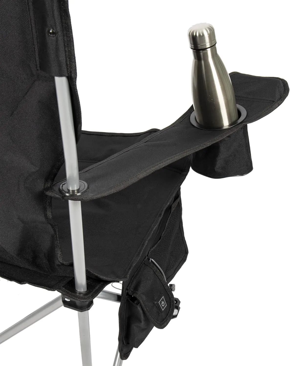 CAMP & GO Heated Deluxe Quad Camping Chair, Folding Heated Chair with 18" USB Cable, Storage Compartment, and Cup Holders, Black
