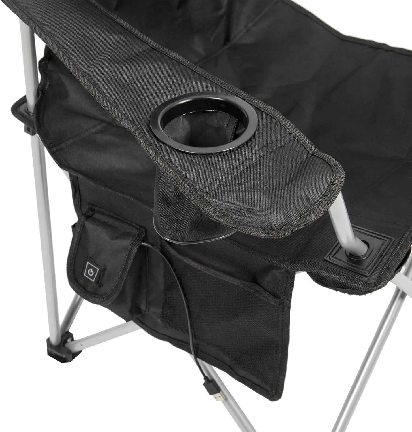 CAMP & GO Heated Deluxe Quad Camping Chair, Folding Heated Chair with 18" USB Cable, Storage Compartment, and Cup Holders, Black