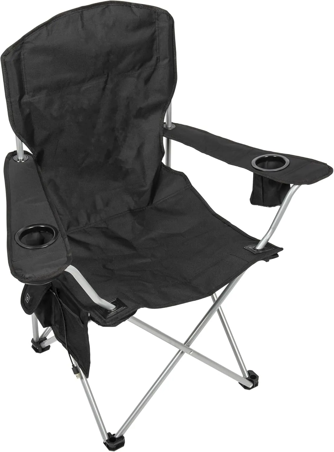 CAMP & GO Heated Deluxe Quad Camping Chair, Folding Heated Chair with 18" USB Cable, Storage Compartment, and Cup Holders, Black