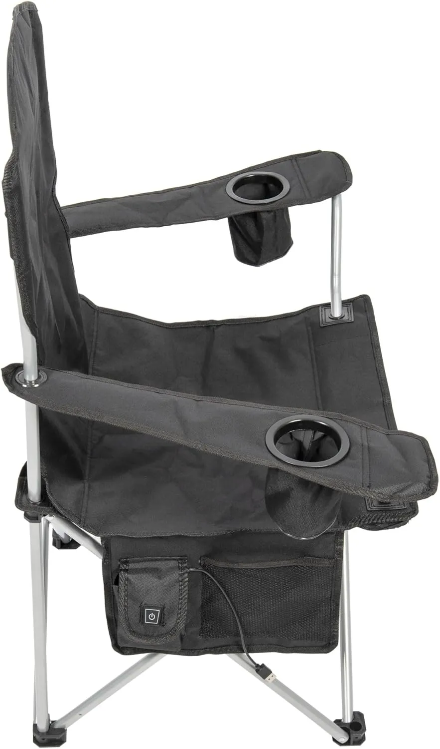 CAMP & GO Heated Deluxe Quad Camping Chair, Folding Heated Chair with 18" USB Cable, Storage Compartment, and Cup Holders, Black