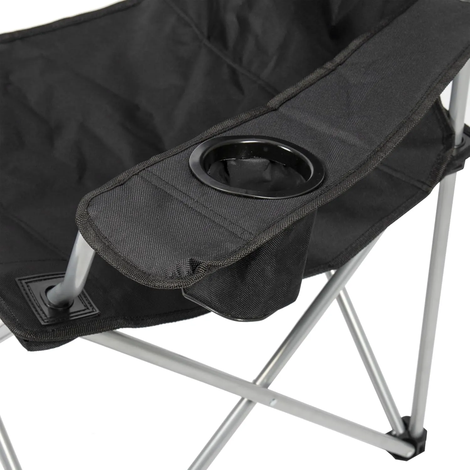 CAMP & GO Heated Deluxe Quad Camping Chair, Folding Heated Chair with 18" USB Cable, Storage Compartment, and Cup Holders, Black