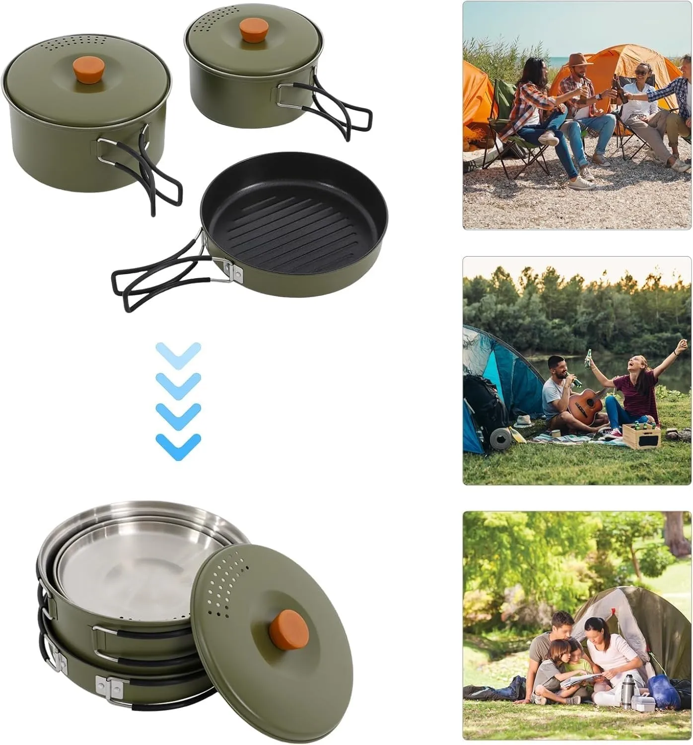 Camp Cooking Set, 3 Pcs Outdoor Camping Cookware 304 Stainless Steel Campfire Cooking Pots with Travel Storage Bag Lightweight Camping Tool