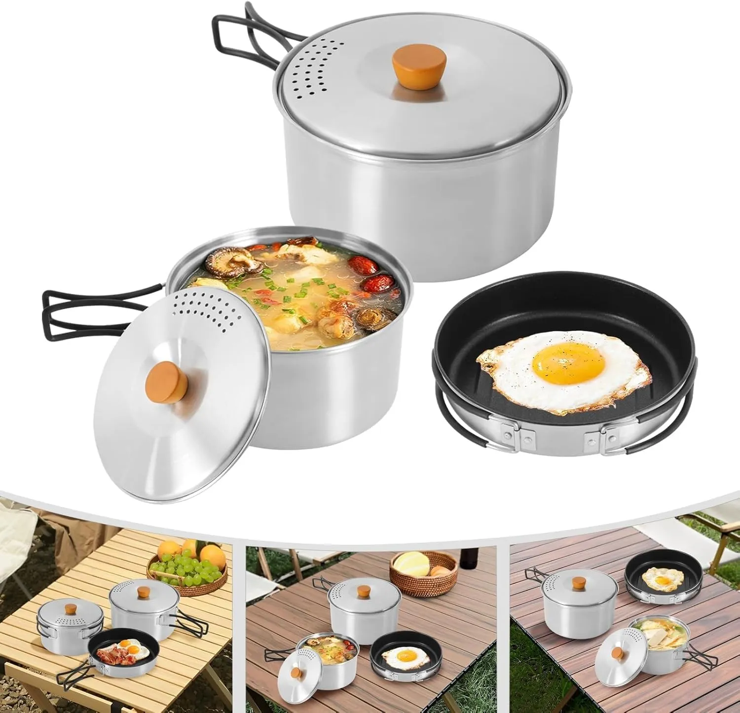 Camp Cooking Set, 3 Pcs Outdoor Camping Cookware 304 Stainless Steel Campfire Cooking Pots with Travel Storage Bag Lightweight Camping Tool