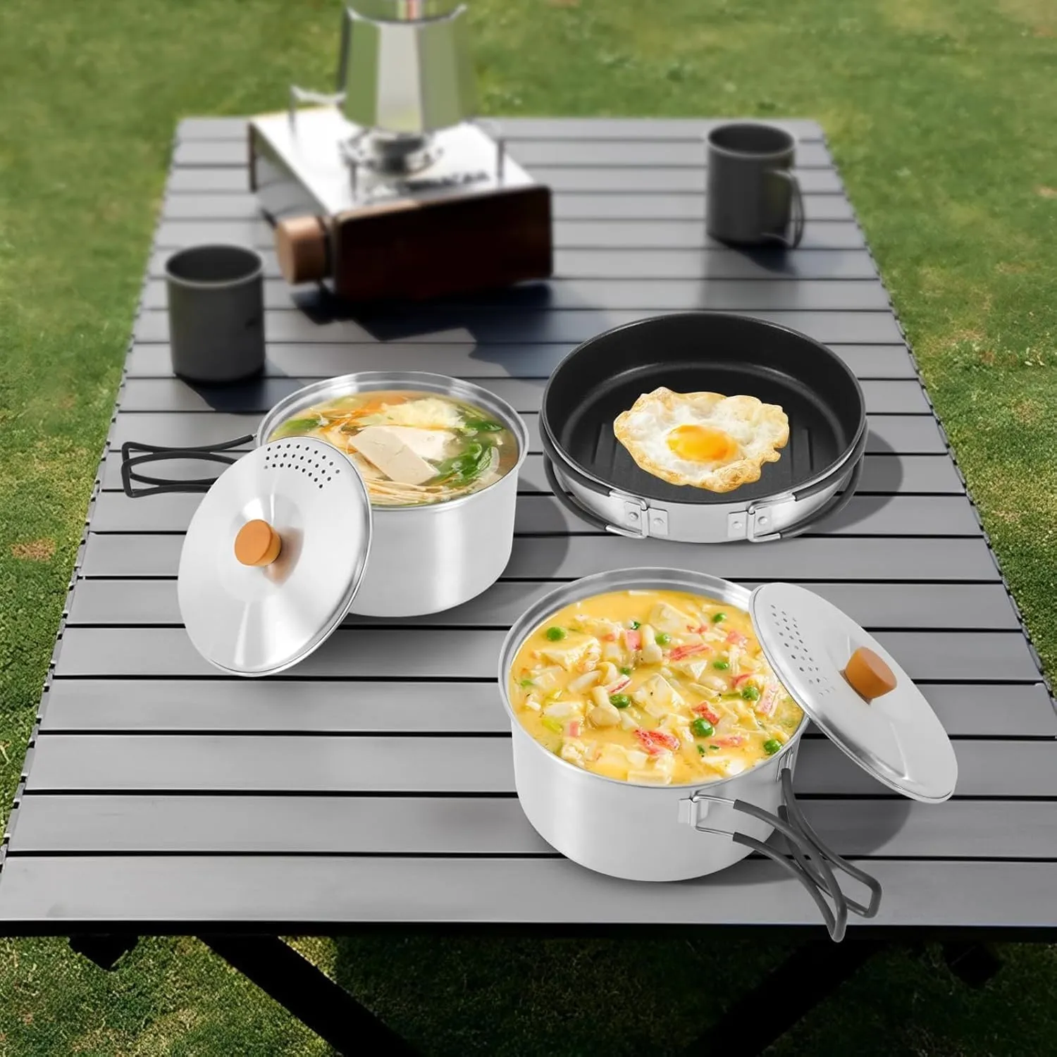 Camp Cooking Set, 3 Pcs Outdoor Camping Cookware 304 Stainless Steel Campfire Cooking Pots with Travel Storage Bag Lightweight Camping Tool