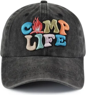 Camp Life Hat for Men Women, Funny Adjustable Cotton 3D Embroidered Camping Hiking Baseball Cap
