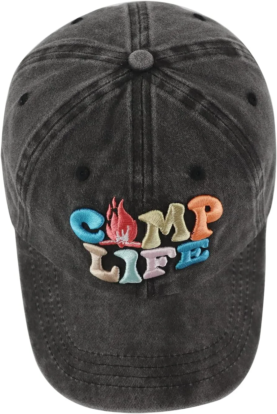 Camp Life Hat for Men Women, Funny Adjustable Cotton 3D Embroidered Camping Hiking Baseball Cap