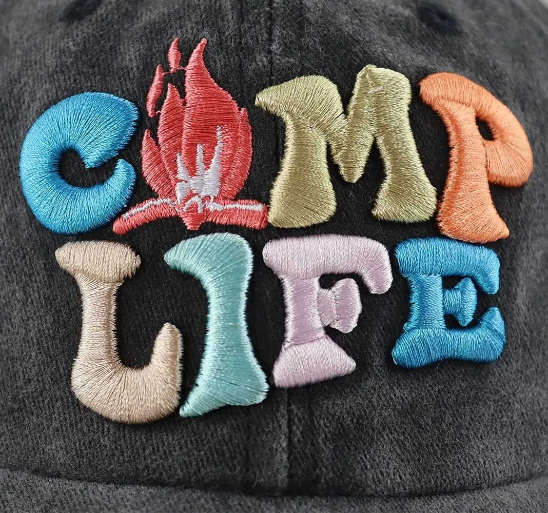 Camp Life Hat for Men Women, Funny Adjustable Cotton 3D Embroidered Camping Hiking Baseball Cap