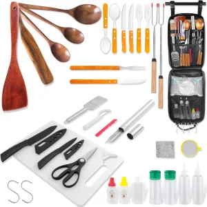Camping Cooking Utensils Cookware Set for Outdoor - Hanging Organizer   Nonstick Wooden Spatula Kitchen Kit, Camping, RV & Campfire Essentials