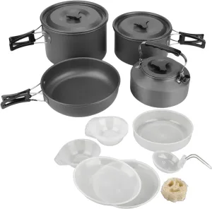 Camping Cookware Kit Aluminum Alloy Pot Teapot Fry Pan Saucer Plate Bowl Soup Spoon for Outdoor Traveling