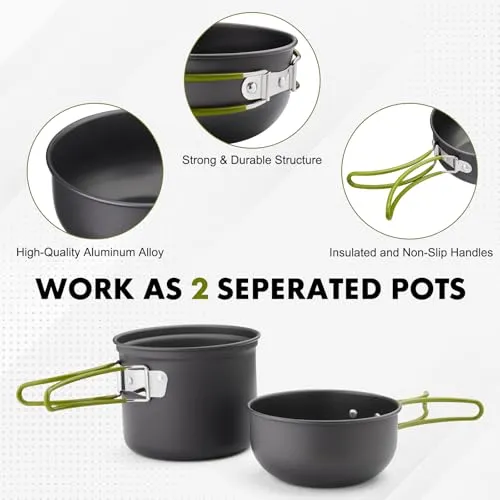Camping Cookware Kit Backpacking, 0.33Gal Pots & 0.17Gal Pans Set