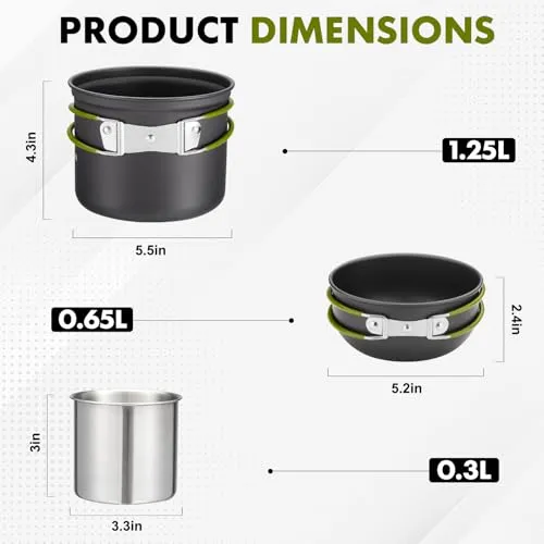 Camping Cookware Kit Backpacking, 0.33Gal Pots & 0.17Gal Pans Set