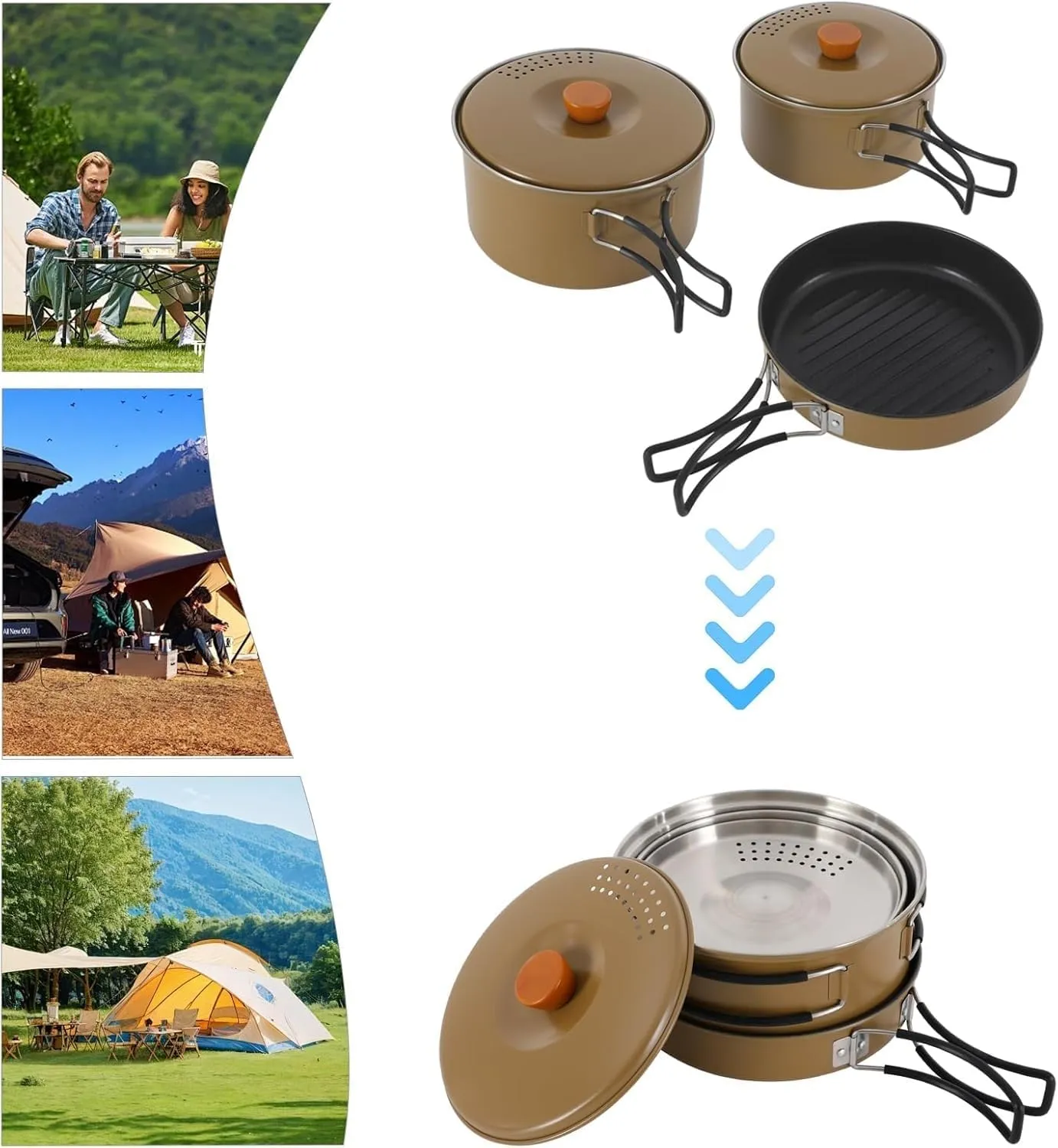 Camping Cookware Mess Kit, Foldable Stainless Steel Campfire Cooking Pots and Pans for Home RV Boat Camping Hiking and Picnic