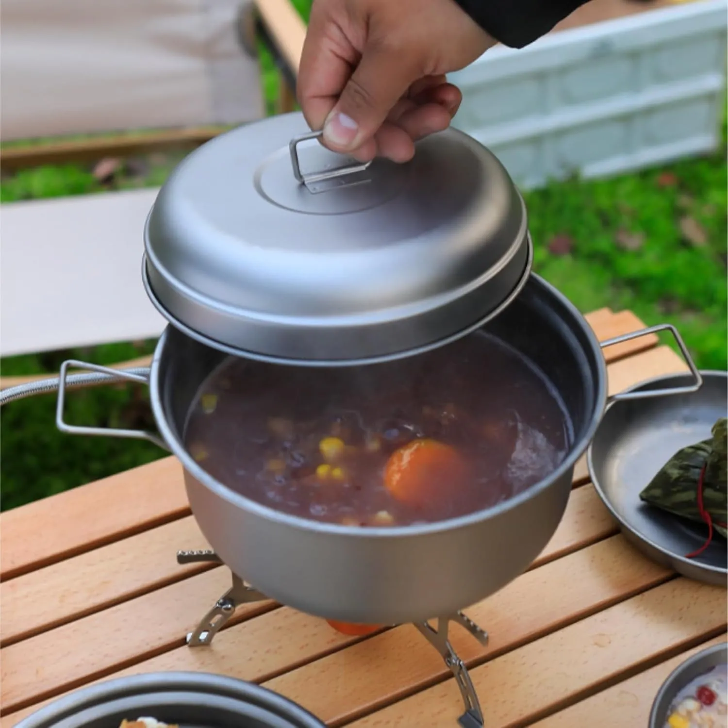 Camping Cookware, Outdoor Camping Pot Set Soup Pot Steamer Cooker Household Set Portable Pot Picnic Steamer Portable Stove