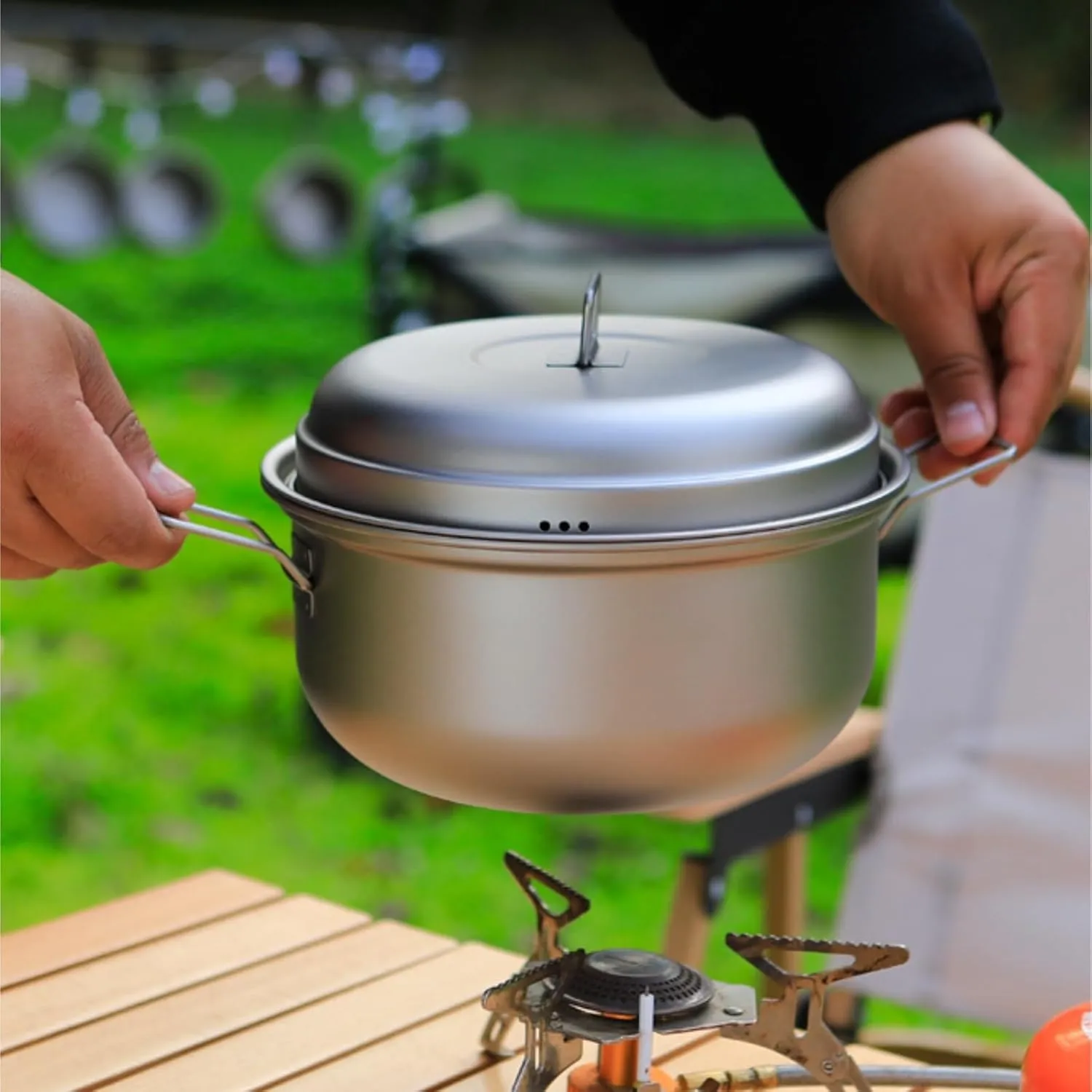 Camping Cookware, Outdoor Camping Pot Set Soup Pot Steamer Cooker Household Set Portable Pot Picnic Steamer Portable Stove