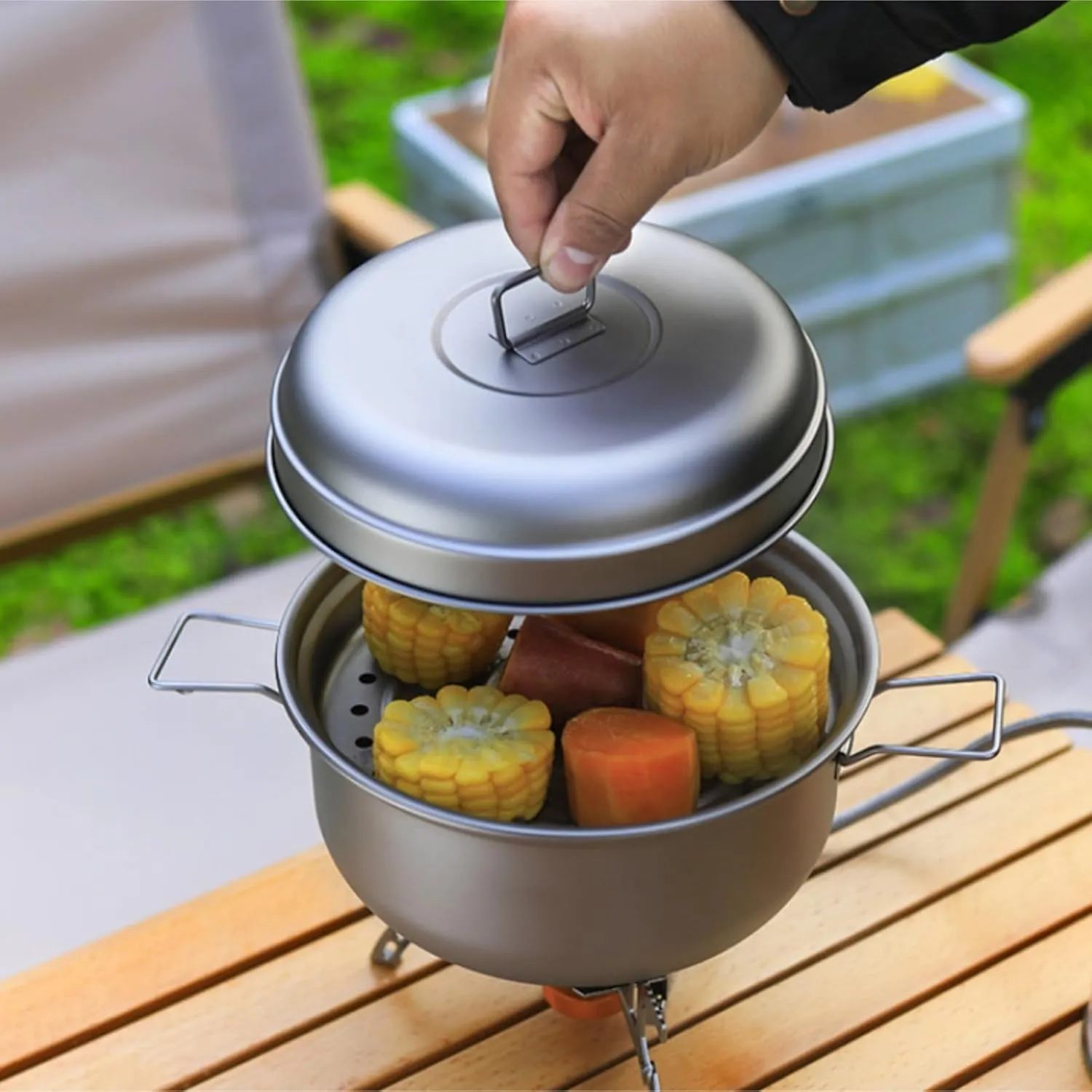 Camping Cookware, Outdoor Camping Pot Set Soup Pot Steamer Cooker Household Set Portable Pot Picnic Steamer Portable Stove