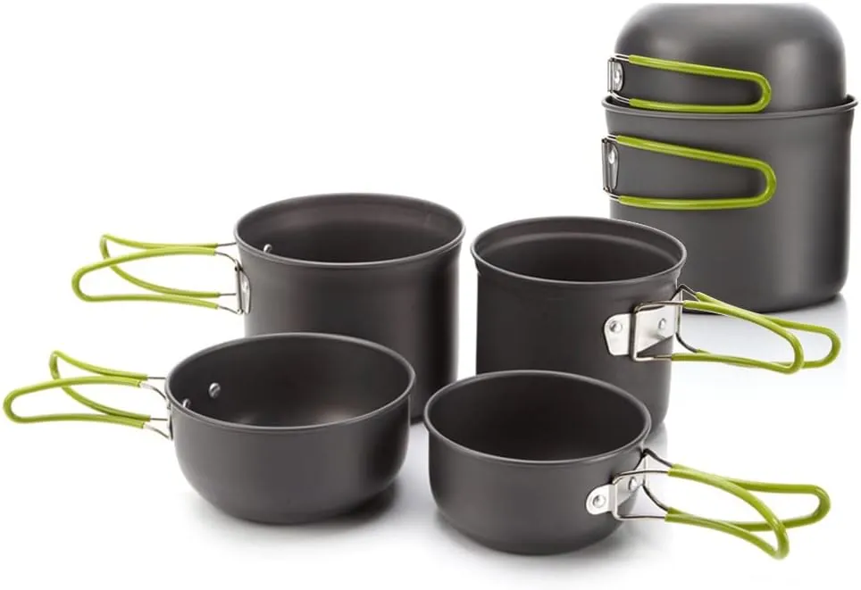 Camping Cookware Pot Set - Aluminum 4-Piece Pot Set - Portable Lightweight Outdoor Camping Cookware Pot Suitable for Hiking, Picnic, Backpacking, Bonfire, Mountaineering, etc.