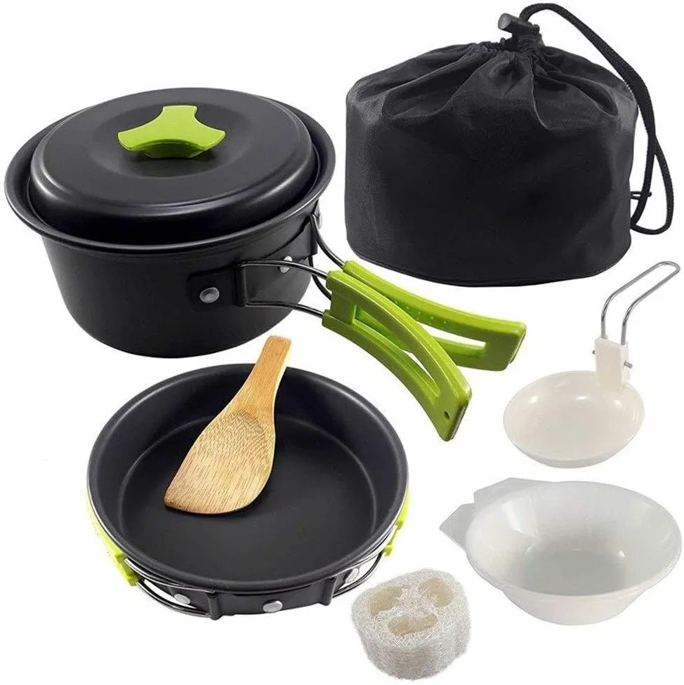 Camping Cookware Set 2 Person Camping Gear Campfire Utensils Non-Stick Cooking Lightweight Stackable Pot Pan Bowls Storage Bag (Color : A) (B)