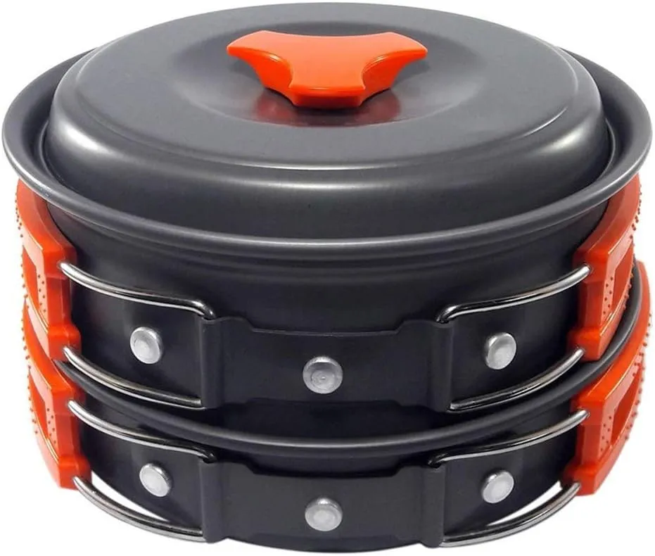 Camping Cookware Set 2 Person Camping Gear Campfire Utensils Non-Stick Cooking Lightweight Stackable Pot Pan Bowls Storage Bag (Color : A)