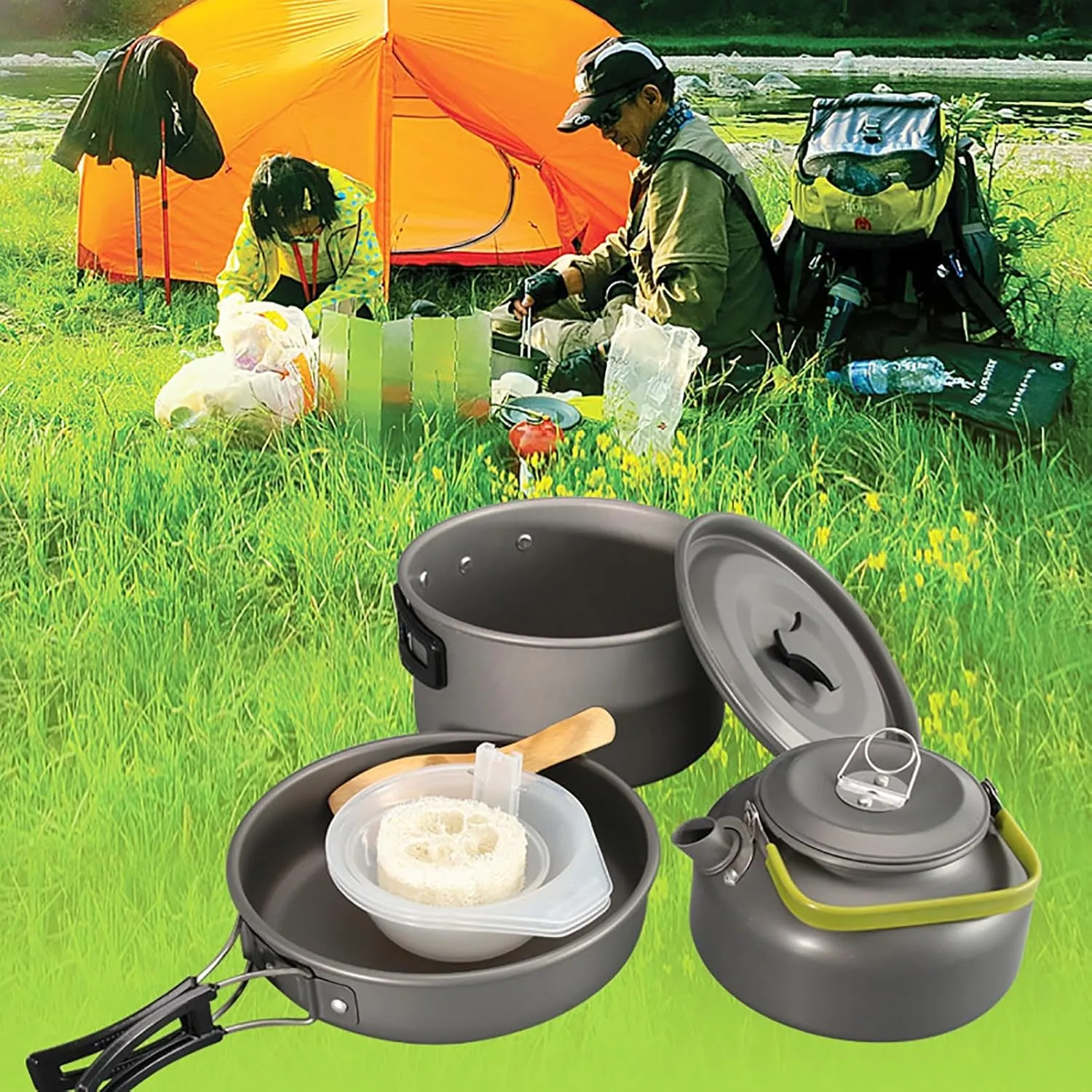 Camping Cookware Set, Portable Camping Cookware with Non-Stick Camping Pan for Camping Hiking Picnic