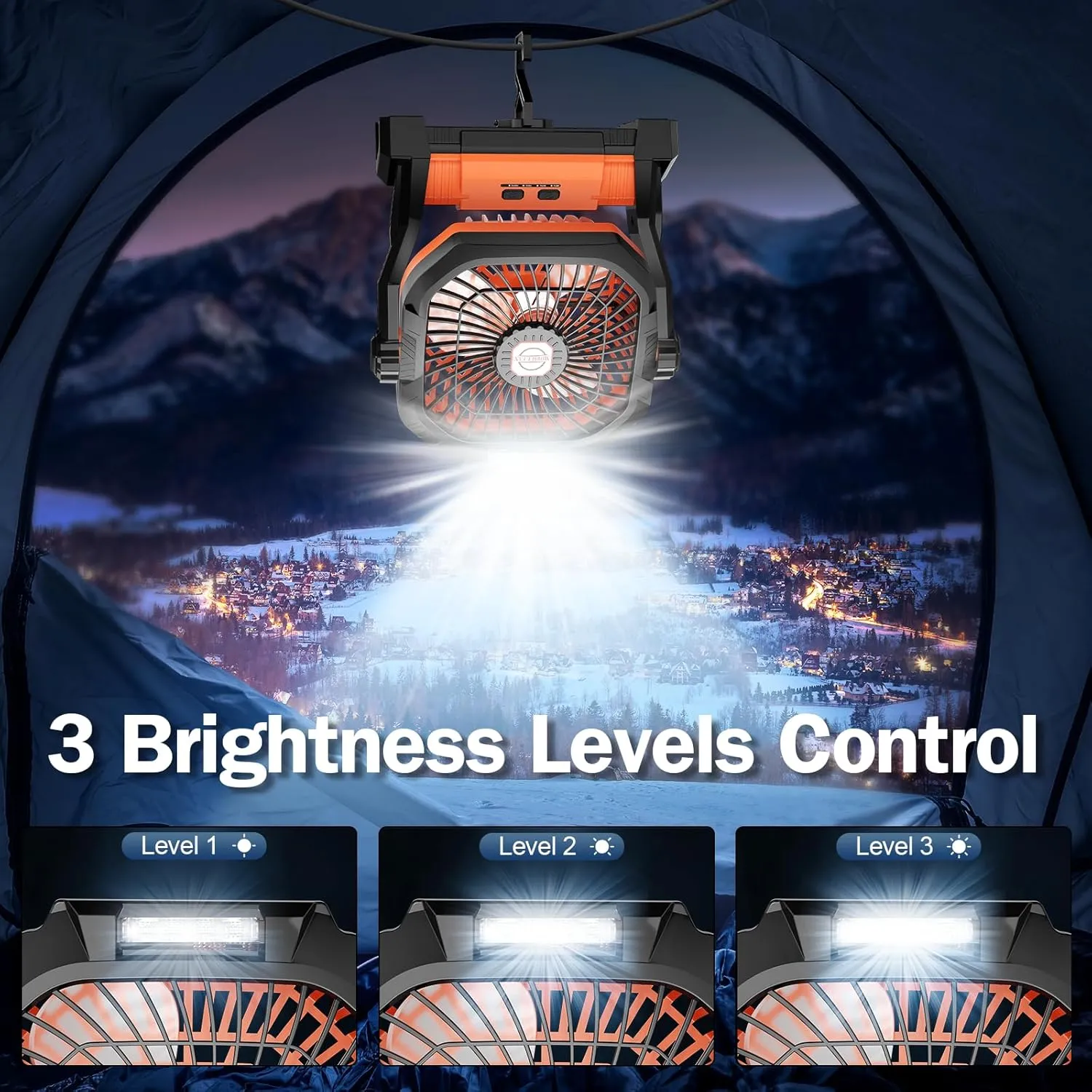 Camping Fan Rechargeable, 20000mAh Battery Powered Portable Fan with LED Light, 4-Speed 180° Adjustable, Camping Essentials for Tent, Travel, Car, Outdoor, Indoor, BBQ, Fishing, Jobsite - Orange