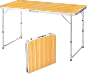 Camping Folding Table with Adjustable Height, 4ft Folding Portable Camping Table, Durable Aluminum Frame, RV Dining Tables, Grill, DJ, BBQ, Dining, Picnic, Cooking, Beach, Garden, Wood Grain Color