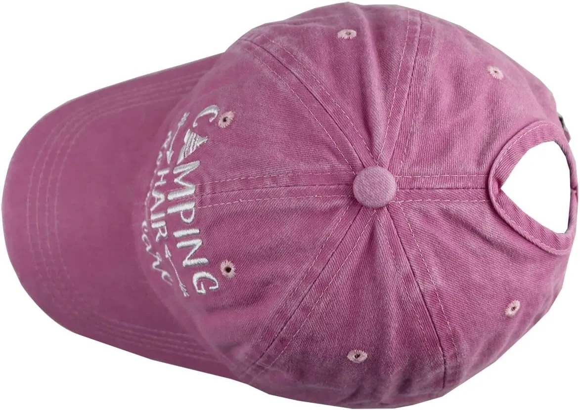 Camping Hair Don't Care Ponytail Hat Vintage Washed Distressed Baseball Dad Cap for Women