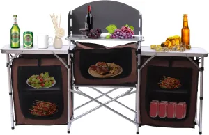 Camping Kitchen Station, Folding Grill Table with 26'' Tabletop, 2 Side Tables, Storage Organizer, Detachable Windscreen, Portable Camp Cook Outdoor Prep Station Backyard BBQ Picnic (Brown)