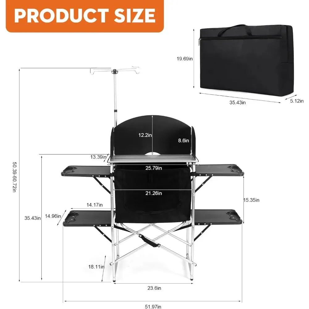 Camping Kitchen Table, Outdoor Cooking Table with 4 Panels & Storage Bag, Aluminum Folding Cooking Station, Heat Resistant Table