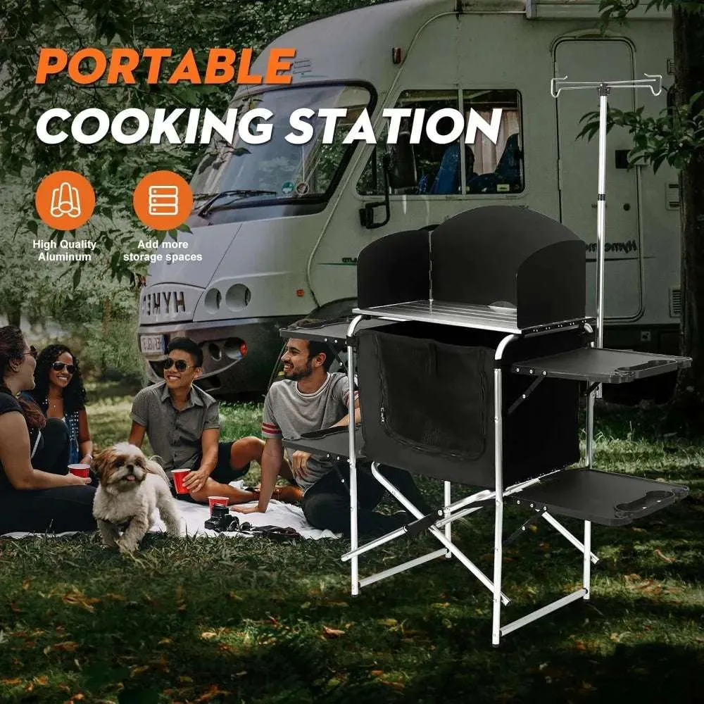 Camping Kitchen Table, Outdoor Cooking Table with 4 Panels & Storage Bag, Aluminum Folding Cooking Station, Heat Resistant Table
