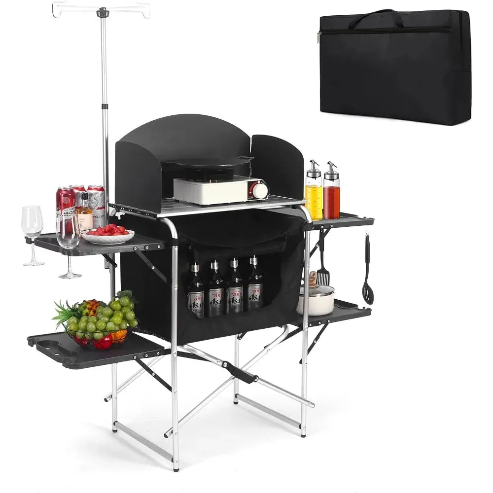 Camping Kitchen Table, Outdoor Cooking Table with 4 Panels & Storage Bag, Aluminum Folding Cooking Station, Heat Resistant Table