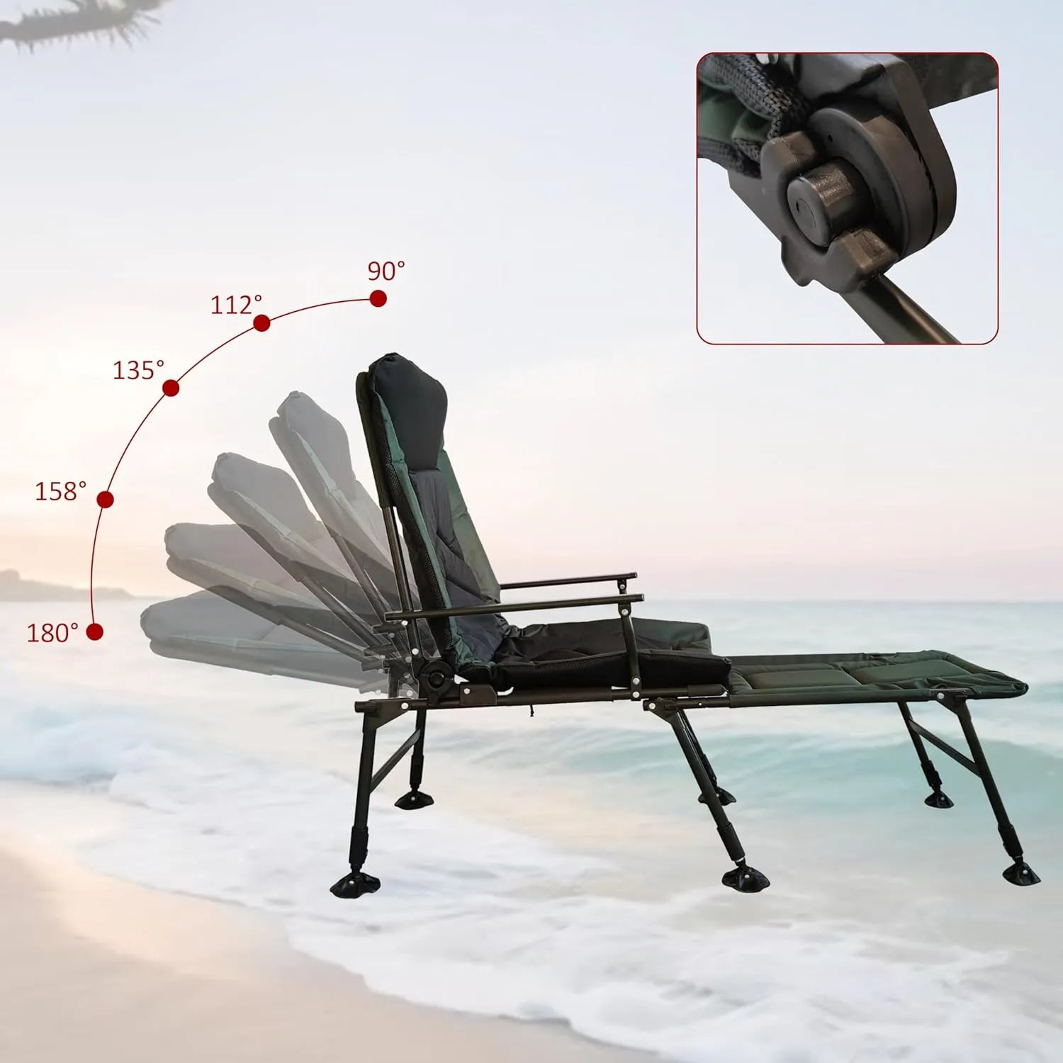 Camping Lounge Chair, Portable Folding Reclining Camping Chair with Adjustable backrest for Indoor and Outdoor Camping Beach Hiking Fishing (Green Black)