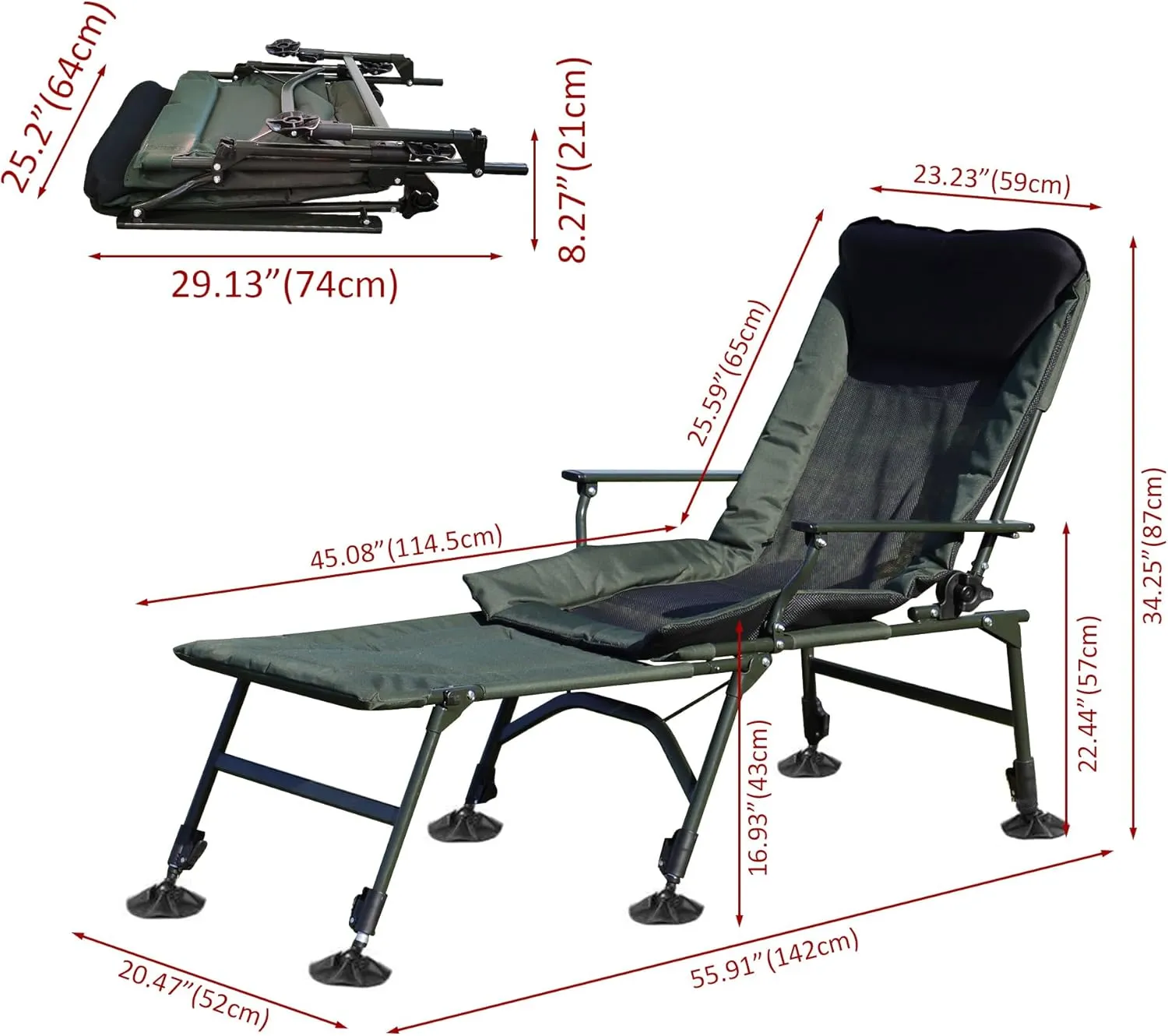 Camping Lounge Chair, Portable Folding Reclining Camping Chair with Adjustable backrest for Indoor and Outdoor Camping Beach Hiking Fishing (Green Black)