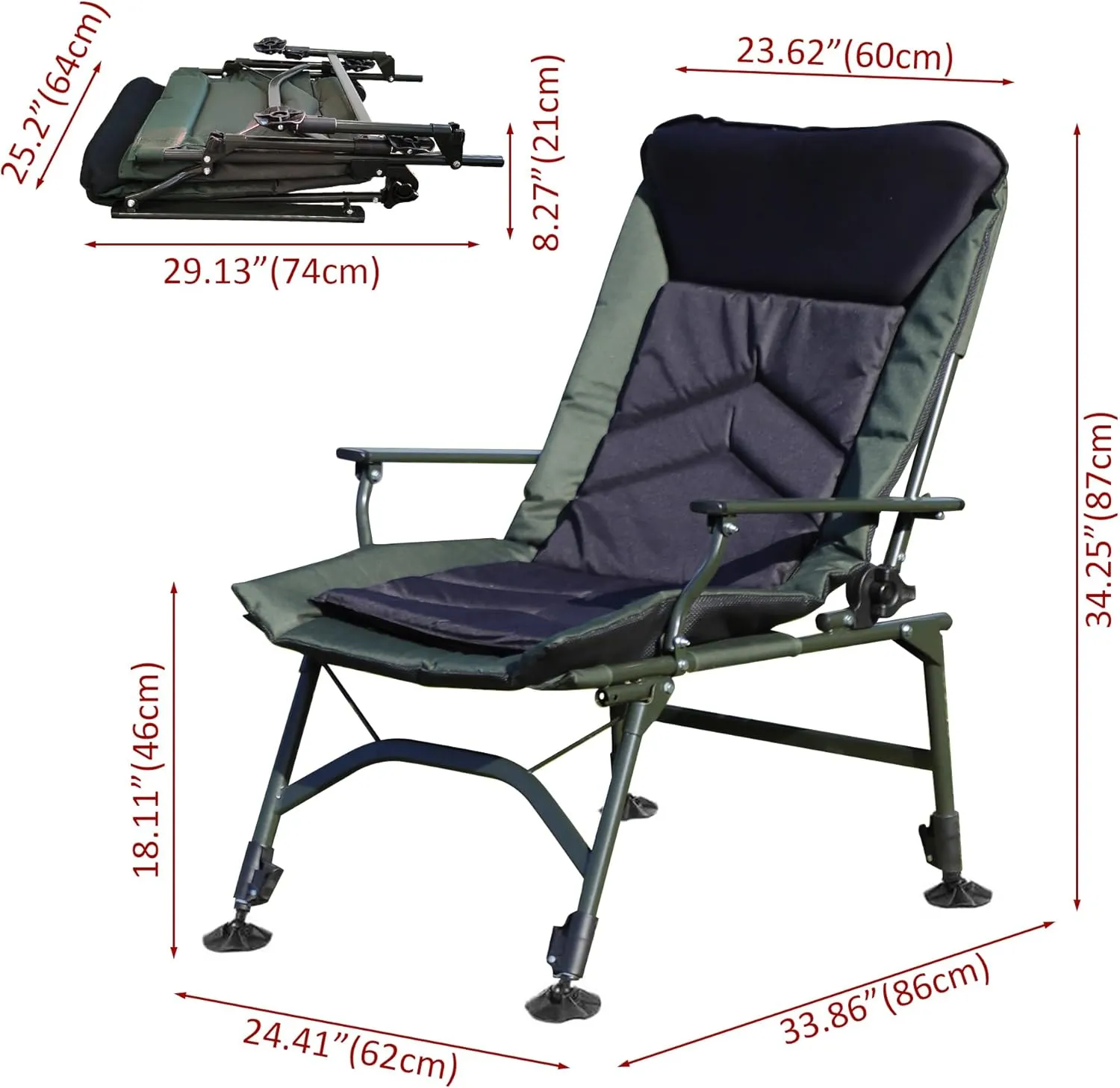 Camping Lounge Chair with Adjustable Backrest & Footrest - Portable Folding Reclining Chair for Indoor & Outdoor Use, 330 lbs Capacity, Stainless-Steel Frame, 600D Fabric (Black   Green)