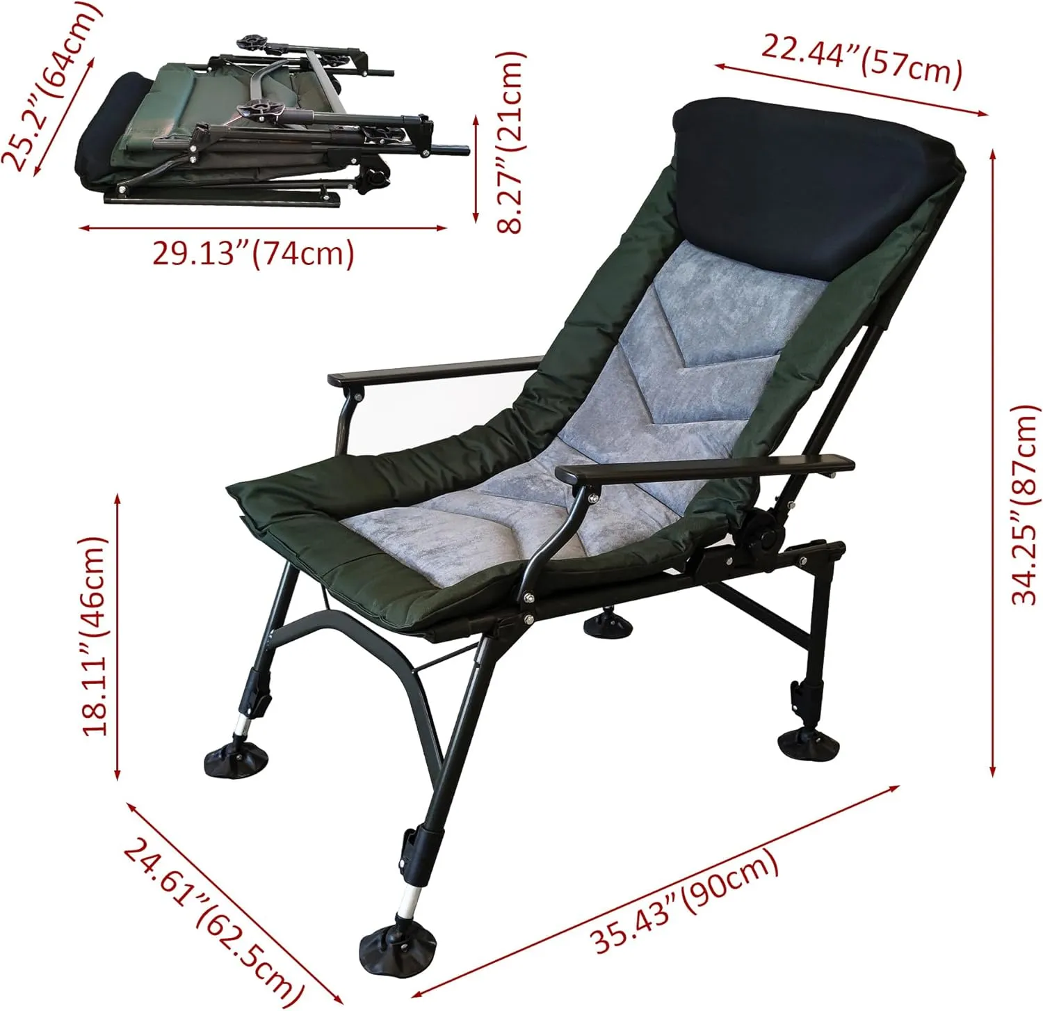 Camping Lounge Chair with Adjustable Backrest & Footrest - Portable Folding Reclining Chair for Indoor & Outdoor Use, 330 lbs Capacity, Stainless-Steel Frame, 600D Fabric (Black Grey   Green)