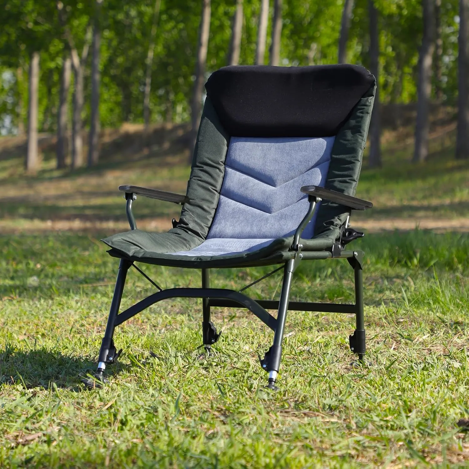 Camping Lounge Chair with Adjustable Backrest & Footrest - Portable Folding Reclining Chair for Indoor & Outdoor Use, 330 lbs Capacity, Stainless-Steel Frame, 600D Fabric (Black Grey   Green)