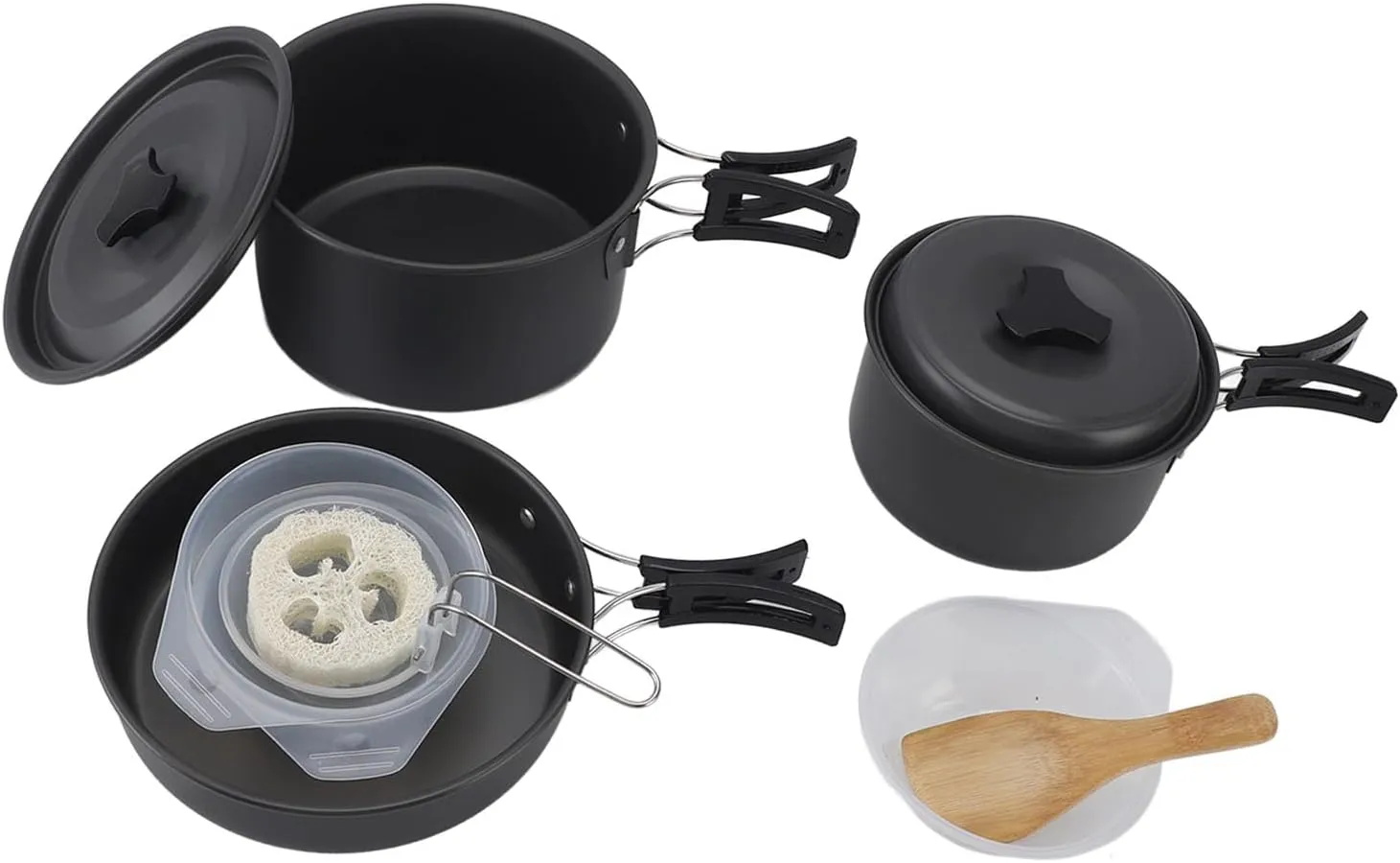 Camping Pots And Pans Set, Backpacking Cooking Set Portable Camping Pots Pans Set Camping Pot with Frying Pan Bowls Soup Scoop Loofah Scrubber Rice Spatula for 3 to 4 People