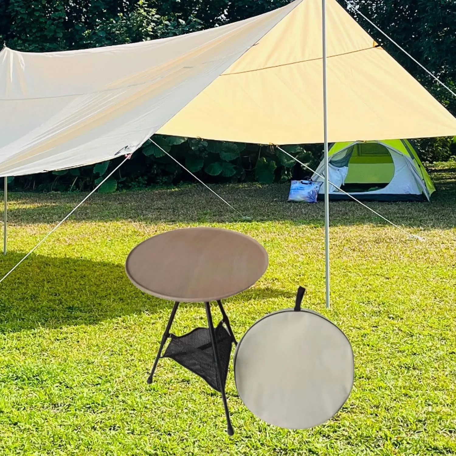 Camping Round Table Portable Three Legged Table Folding Stable Adjustable Multiuse with Storage Bag