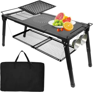 Camping Side Table for Outside with Floating Shelf and Dish Drying Rack, Sturdy Extended Outdoor Table for Camping, Height Adjustable IGT Camping Tables with Carry Bag for Picnicing Fishing