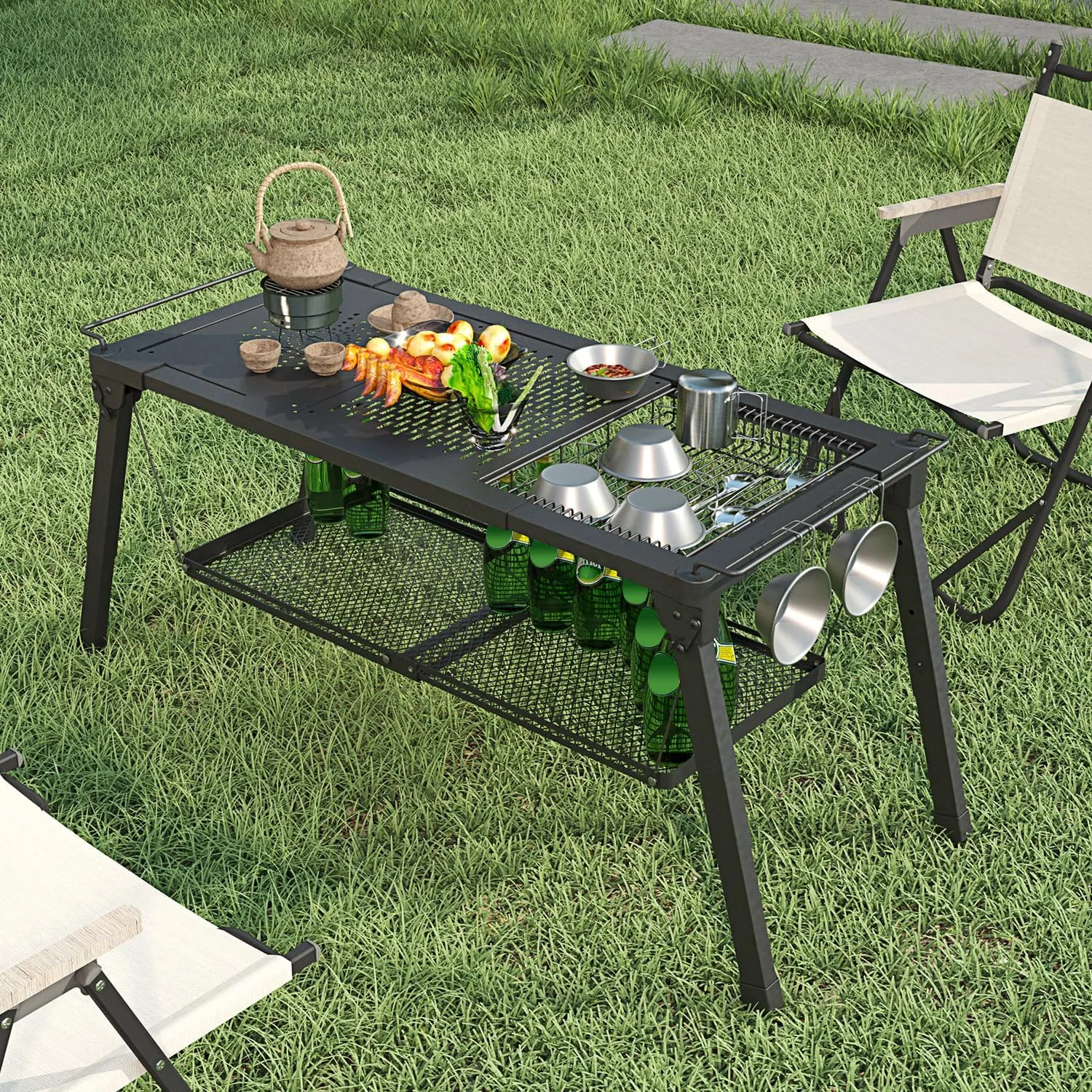 Camping Side Table for Outside with Floating Shelf and Dish Drying Rack, Sturdy Extended Outdoor Table for Camping, Height Adjustable IGT Camping Tables with Carry Bag for Picnicing Fishing