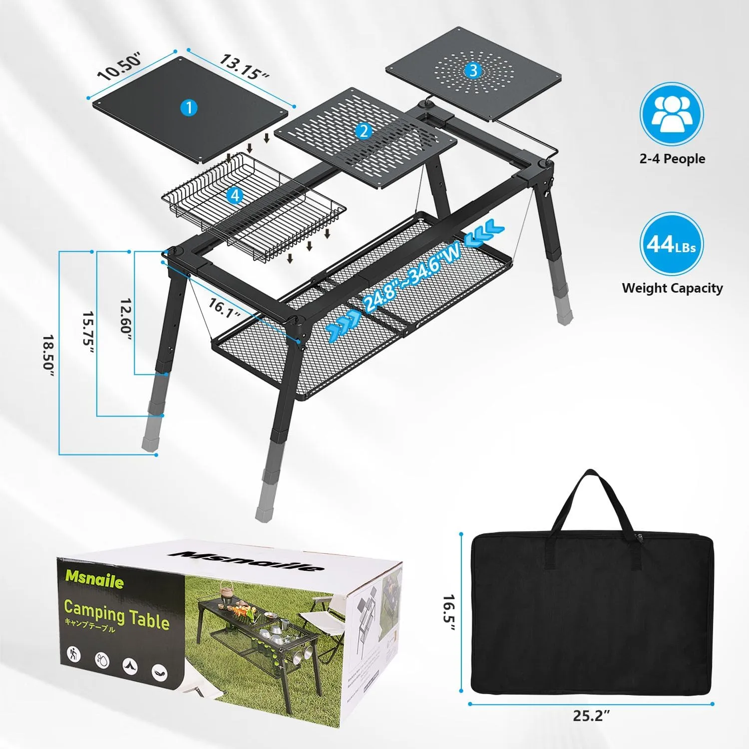 Camping Side Table for Outside with Floating Shelf and Dish Drying Rack, Sturdy Extended Outdoor Table for Camping, Height Adjustable IGT Camping Tables with Carry Bag for Picnicing Fishing