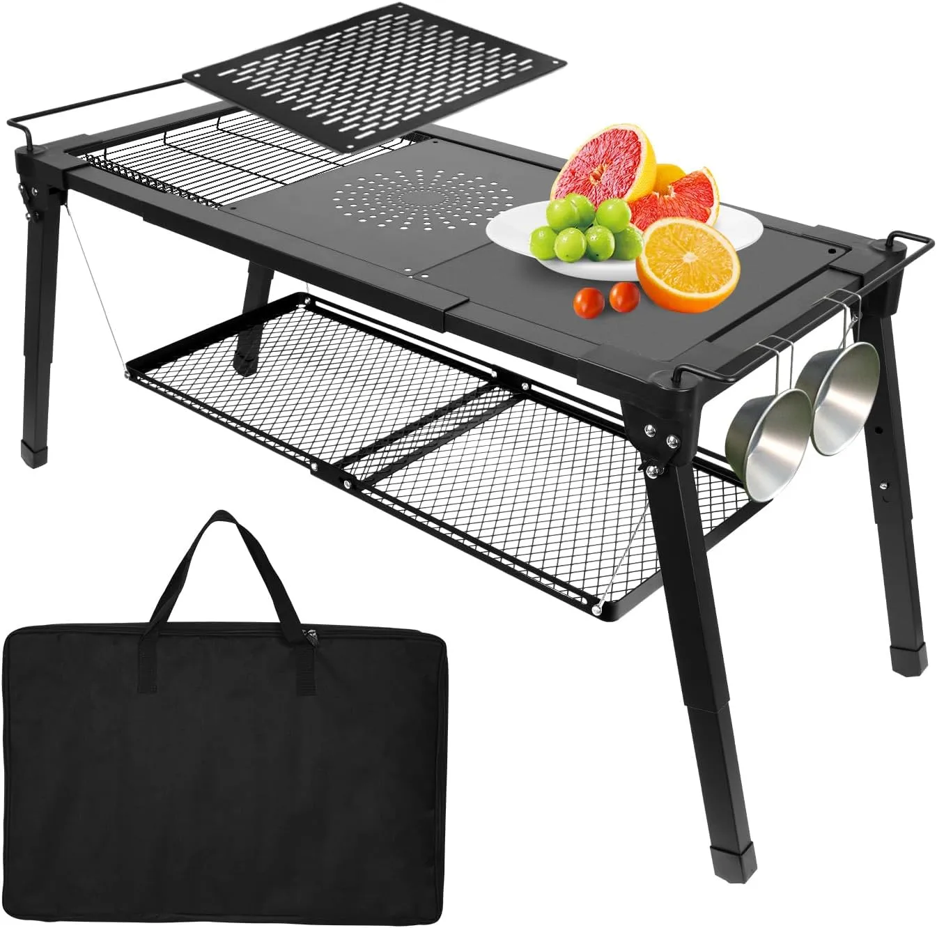 Camping Side Table for Outside with Floating Shelf and Dish Drying Rack, Sturdy Extended Outdoor Table for Camping, Height Adjustable IGT Camping Tables with Carry Bag for Picnicing Fishing