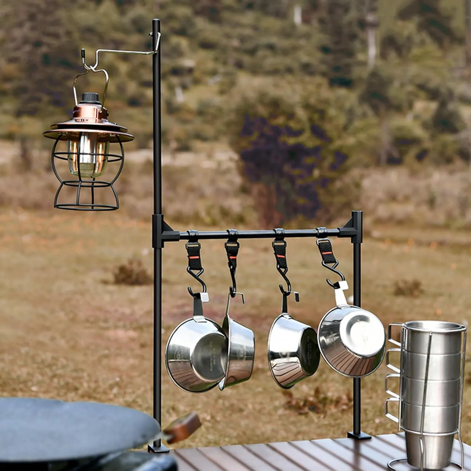 Camping Storage Rack Multifunctional Aluminum Lightweight Folding Table Stand with Lantern Stand Portable Shelf Rack Organizer with Hooks Camping Hanging Rack for Camping Outdoor Picnic