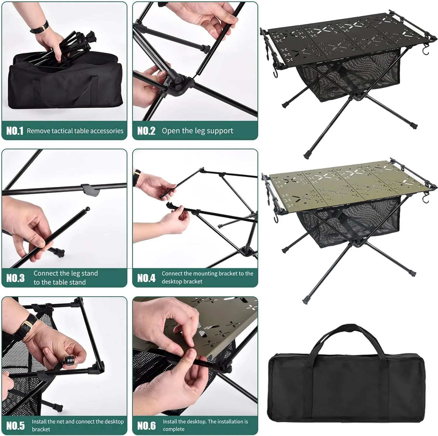 Camping Table, Aluminum Alloy Folding Table Barbecue Camping Table High Stability 20kg Load Capacity Multifunction Ultralight Portable Picnic BBQ Table Army Green A