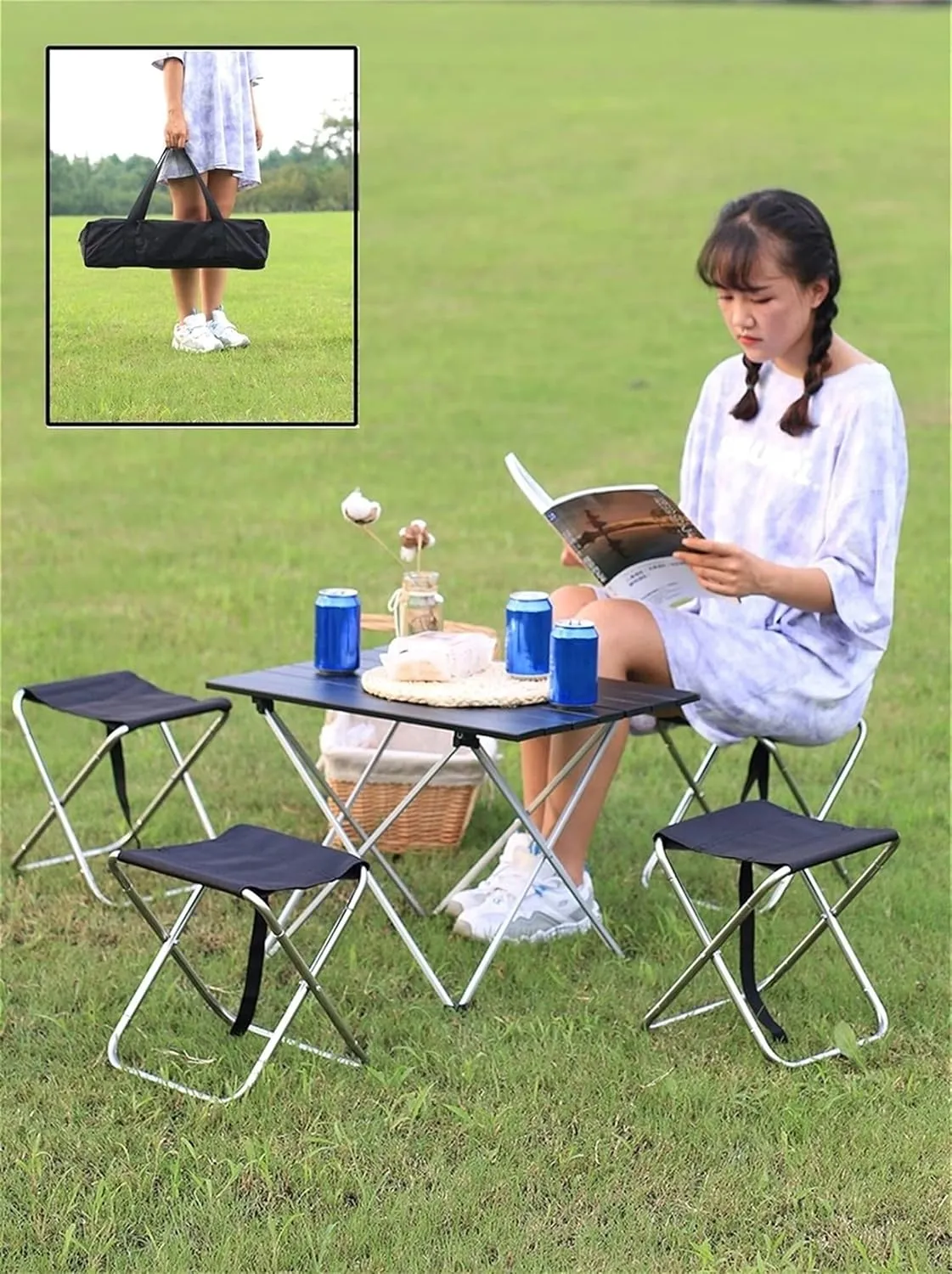 Camping Table Chairs 7-Piece Outdoor Folding Table Set, Portable Aluminum Camping Picnic Table, Car Ultra-Light Small Square Table, 56x40x40cm (Color : Black)