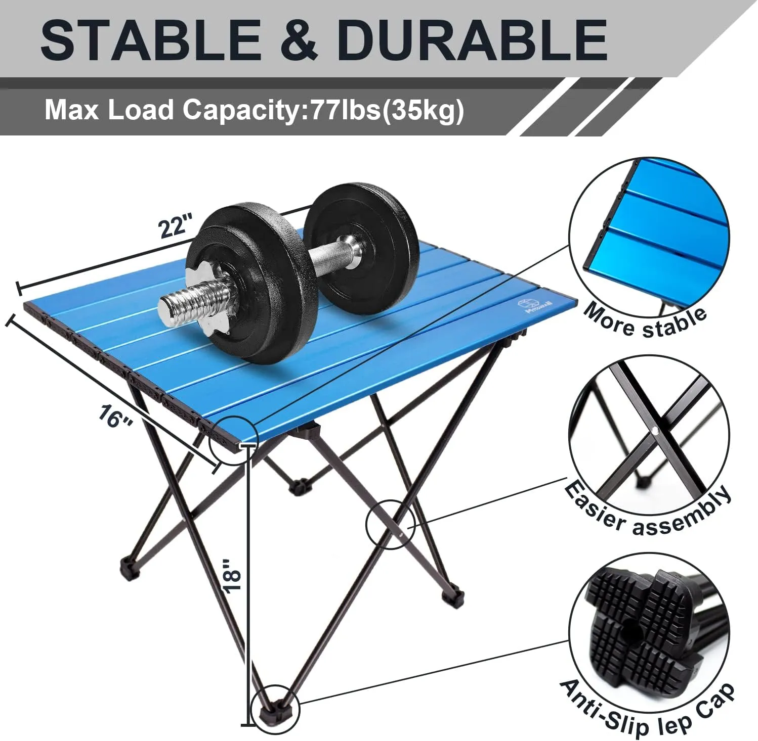 Camping Table Folding Portable Camp Side Table Aluminum Lightweight Carry Bag Beach Outdoor Hiking Picnics BBQ Cooking Dining Kitchen Blue Medium