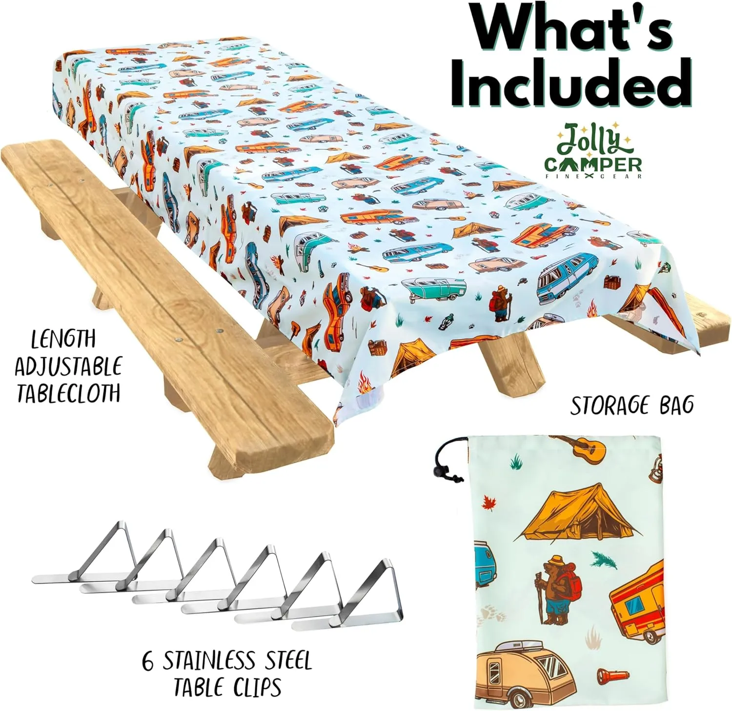 Camping Tablecloth, Picnic Tablecloth, Fits 4ft to 8ft Picnic Tables, Polyester, Washable & Reusable, Spill & Stain Resistant, Water Repellent, Table Cloth for Picnic Table - Vintage RV